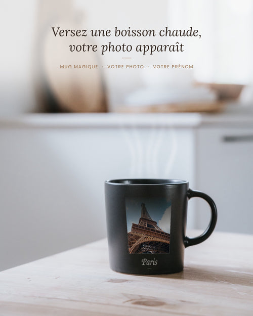 Visuel d'illustration : mug magique personnalisé, la photo apparaît avec une boisson chaude